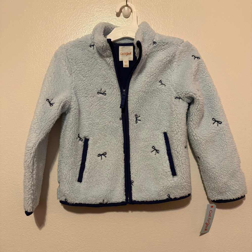 Cat & Jack Girls Light Blue Sherpa Fleece Bow Jacket Size S 6/7 NWT